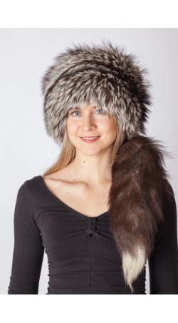 Silver fox fur hat with tail